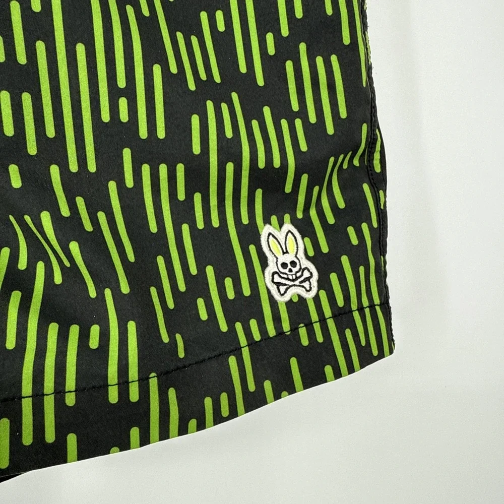 Psycho Bunny Swim‎ Shorts Mens Small Green Geometric Print Mesh Lined Drawstring